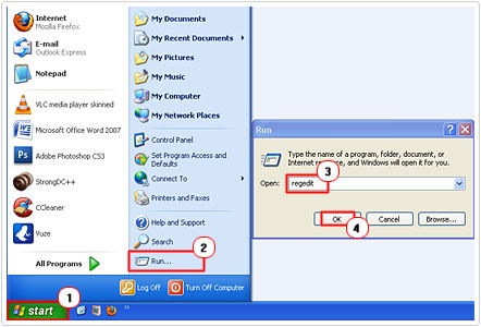  Esegui editor del registro di sistema