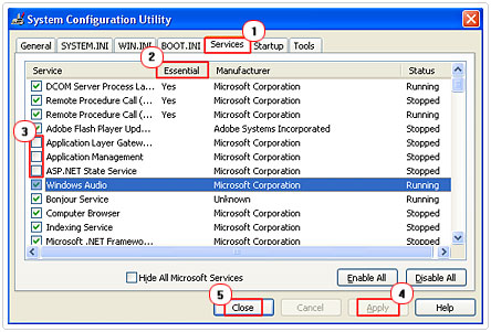 Services in System Configuration Utility