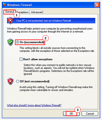 Select On Option to use Windows Firewall