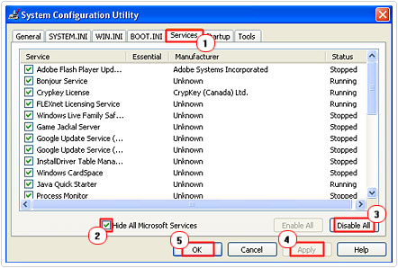 Disable services on Systems Configuration Utility