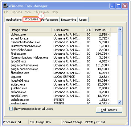 Processes Tab in Windows Task Manager