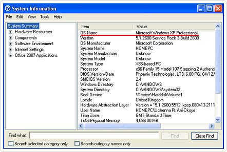 OS Name in System Information 