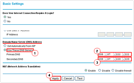 input opendns servers on router