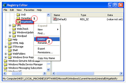 Remove WgaNotify Registry Sub Key to remove the Windows genuine advantage validation tool