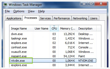 Task manager -> Processes -> NTVDM.EXE