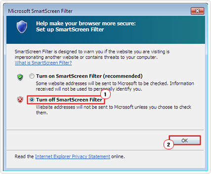 Select OK on Microsoft SmartScreen Filter screen