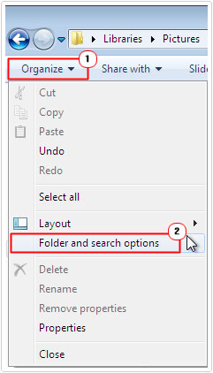 Click on Oganize -> Folder and search options