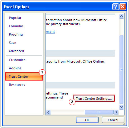 Click on Trust Center Settings Button