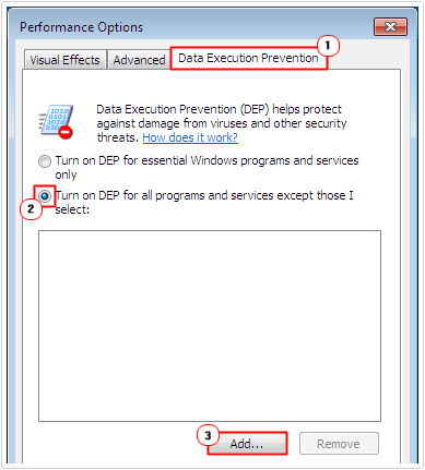 Select Turn on DEP for all programs and services except those I select