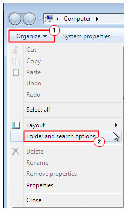 Organize -> Folder and search options