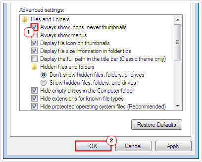 Select Always show icons, never thumbnails Options