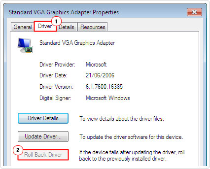 Select Roll Back Driver under Drivers
