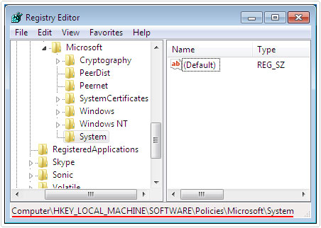 Access HKEY_LOCAL_MACHINE\SOFTWARE\Policies\Microsoft\System