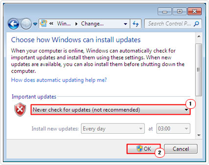Click on never check for updates