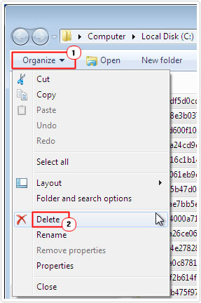 Select Organize -> Delete to fix error code 800b0100