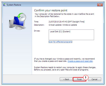 Click Finish on System Restore