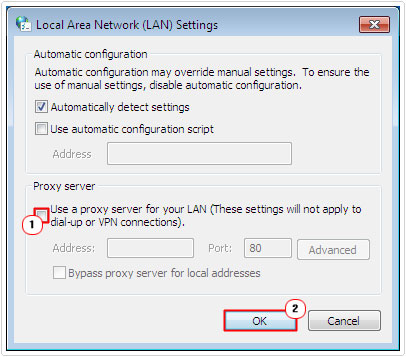 disable use a proxy server in lan settings