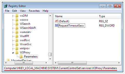 Go to HKEY_LOCAL_MACHINE\SYSTEM\CurrentControlSet\Services\W3Proxy\Parameters