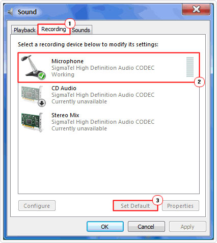 Recording -> Microphone -> Set Default if microphone not working