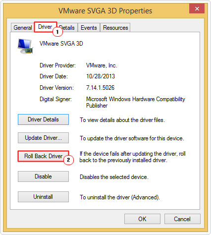 select roll back drivers in device manager
