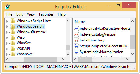 navigate to HKEY_LOCAL_MACHINE\SOFTWARE\Microsoft\Windows Search