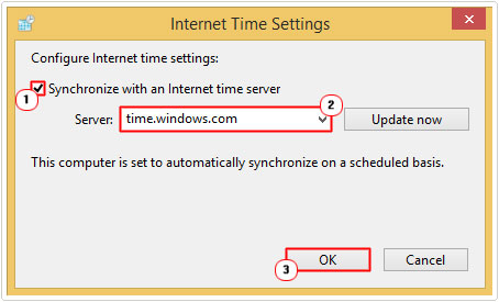 internet time settings -> server -> OK