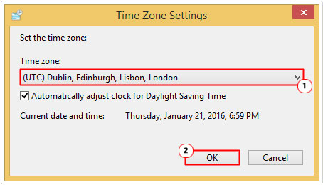 Change time zone settings -> OK