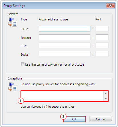 Proxy settings -> execeptions -> OK