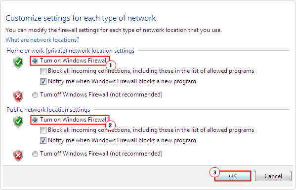 select to turn windows firewall on for both local and private networks