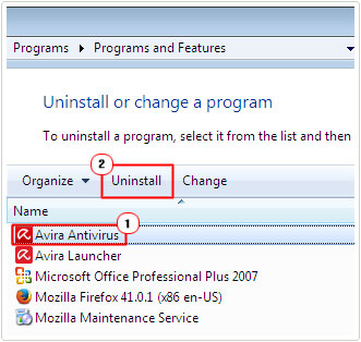 Uninsall a program -> Avira -> Uninstall