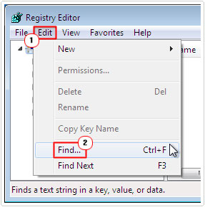 Registry editor -> edit -> find