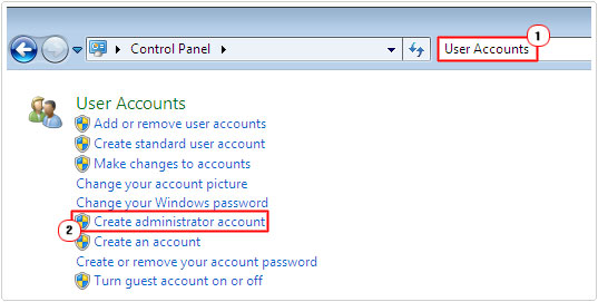 control panel -> Create administrator account