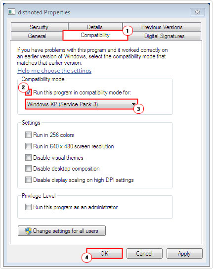 select Run this program in compatibility mode to fix Distnoted.exe issue
