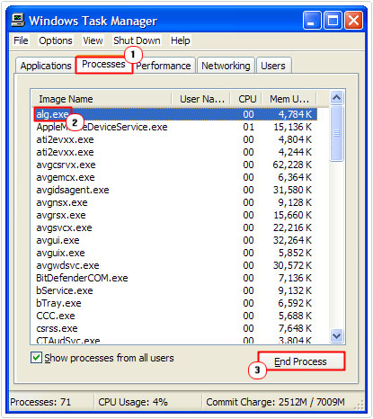 Processes -> alg.exe -> End Task