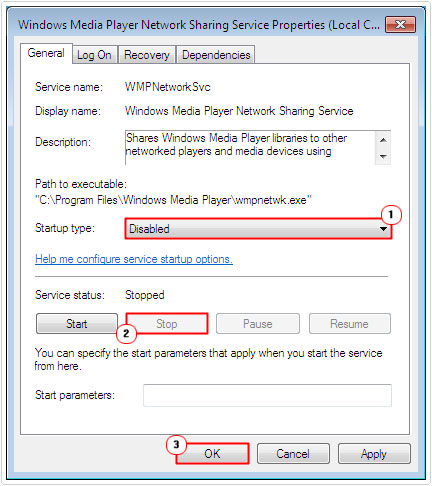 set startup type to disabled for Windows Media Player Network Sharing Service