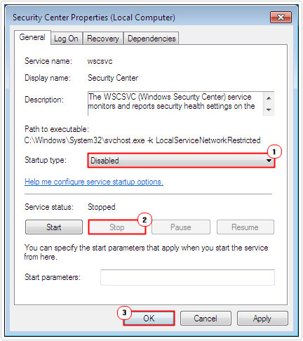 set Security Center Properties to disabled