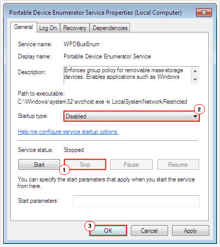 Portable Device Enumerator Service Properties -> disabled