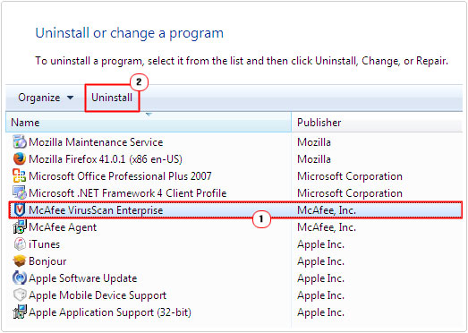 McAfee Anti-Virus -> uninstall