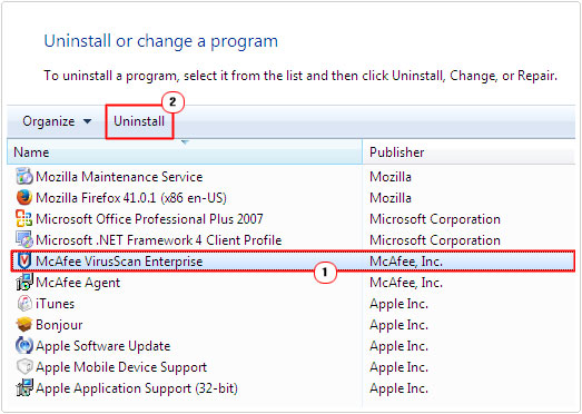 uninstall application in add or remove programs