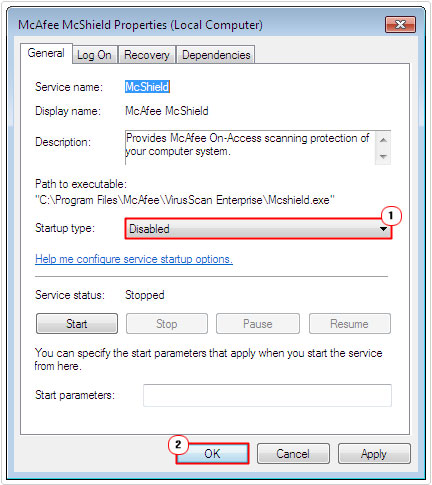 McShield Properties -> Startup type = Disabled