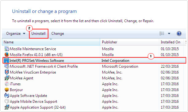 add or remove program -> Intel Wireless Software -> remove