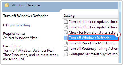 windows defender -> Turn off Windows Defender