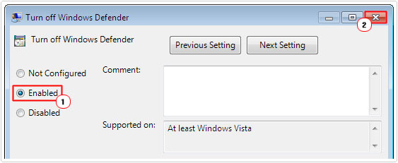 Turn off Windows Defender -> enable