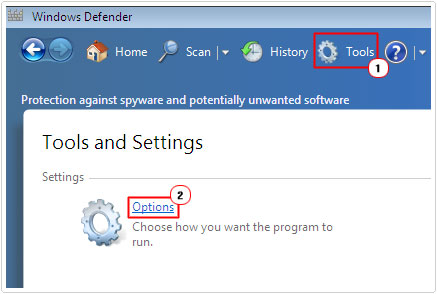 windows defender -> tools -> options