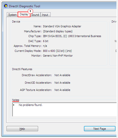 check for errors in notes of directx diagnostic tool