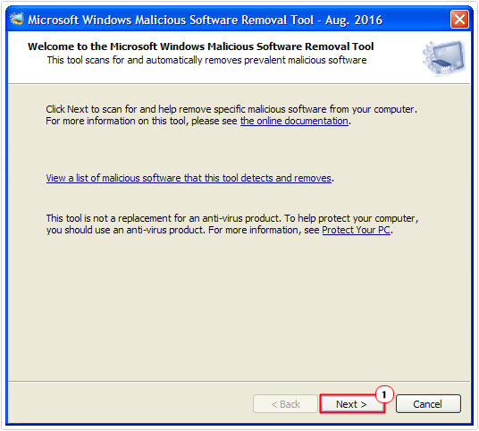 Microsoft Windows Malicious Software Removal Tool -> Next