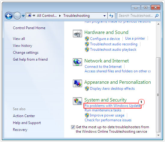 search troubleshooting -> Fix problems with Windows Update