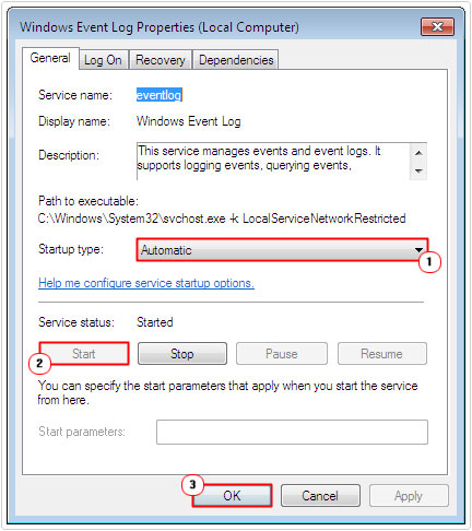 set Windows Event log to automatic
