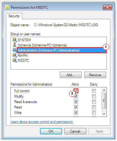Permissions for Administrator -> full control