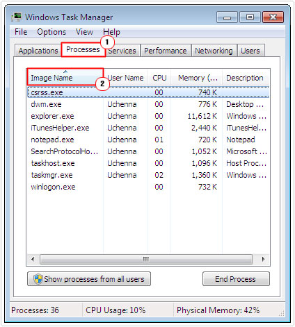 task manager -> processes ->image name